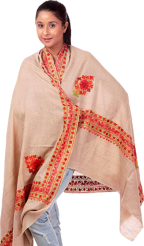 Khaki Phulkari Crewel Embroidered Shawl from Kashmir