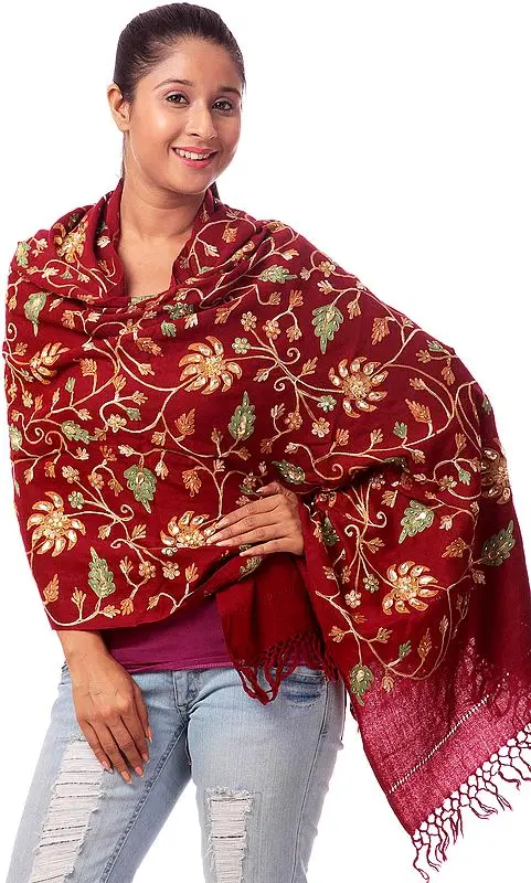 Red Crewel Embroidered Stole with Crystals and Sequins