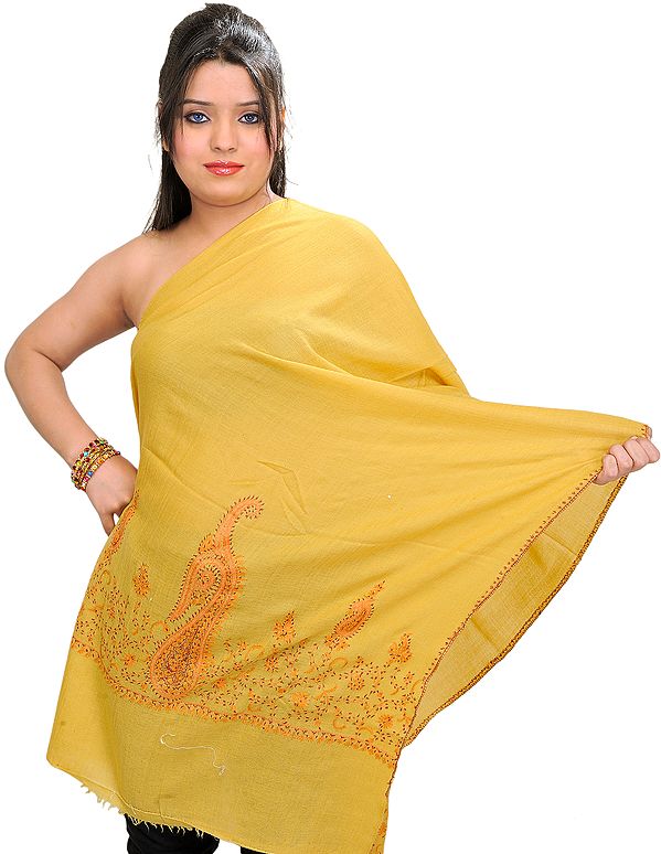 Ochre Tusha Stole with Hand-Embroidered Paisleys on Border