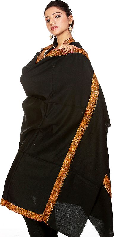 Black Tusha Shawl with Densely Hand-Embroidered Border