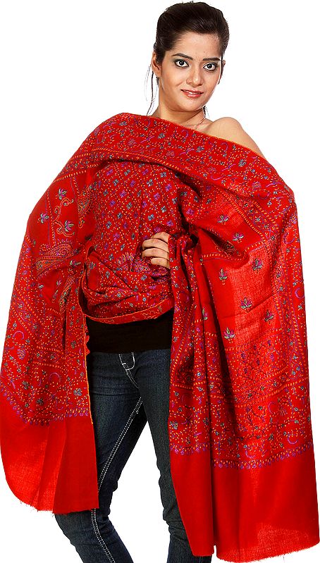 Ketchup-Red Tusha Shawl from Kashmir with All-Over Sozni Embroidery by Hand