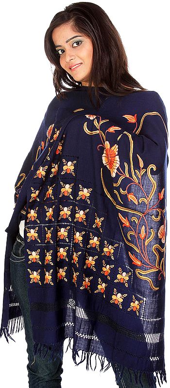 Navy-Blue Kashmiri Stole with Hand-Embroidered Flowers All-Over