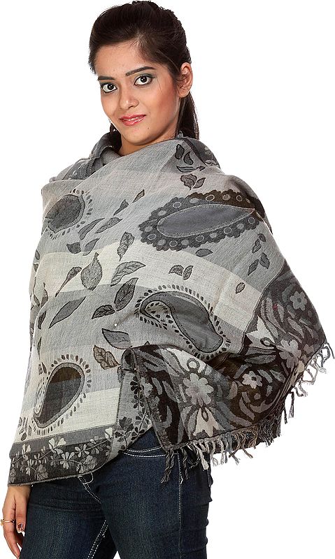 Gray Jamawar Stole with Woven Paisleys and Flowers