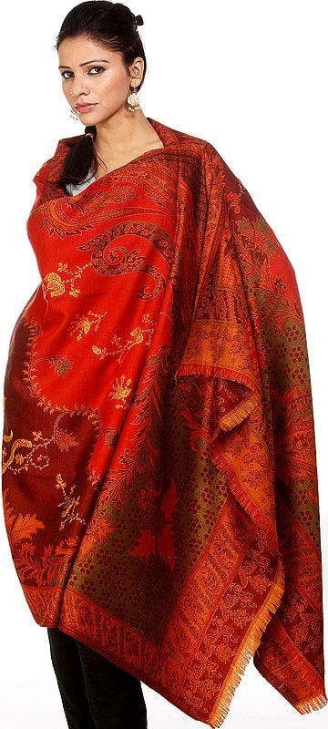 Red Jamawar Shawl with Needle Embrodiery by Hand