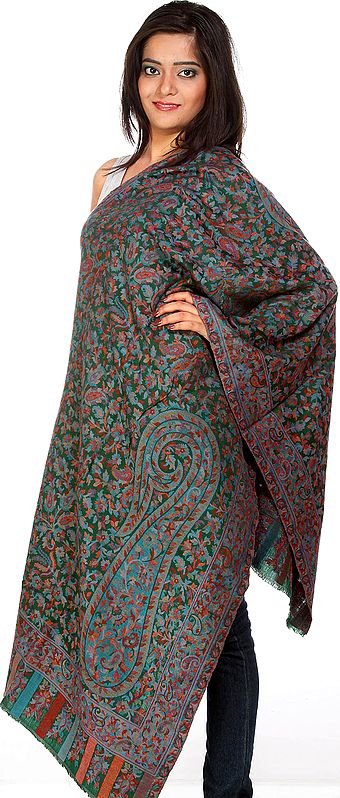Islamic Green Kani Stole with Woven Paisleys and Flowers in Multi-Color Thread