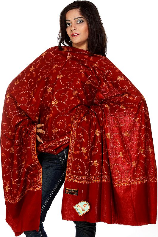 Jester-Red Shawl with Sozni Embroidered Jaal by Hand