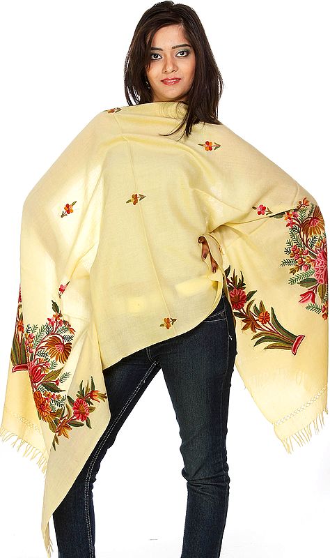 Light Yellow Stole with Floral Aari Embroidery by Hand
