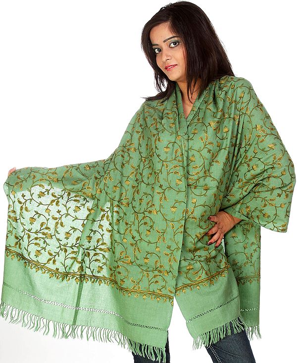 Aspen Green Kashmiri Stole with Hand-Embroidered Paisleys by Hand