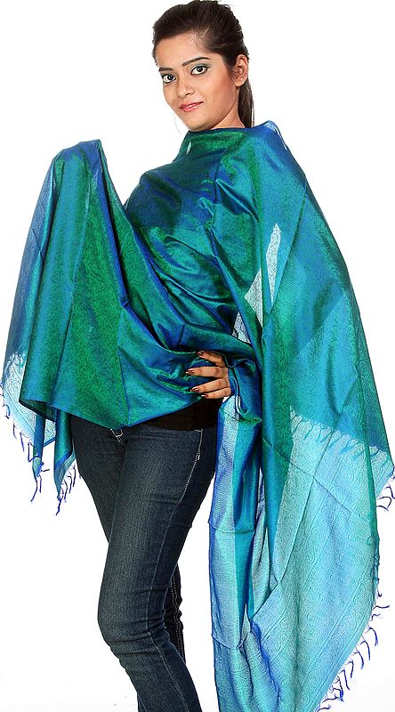 Imperial Blue Banarasi Shawl with Tanchoi Weave by Hand