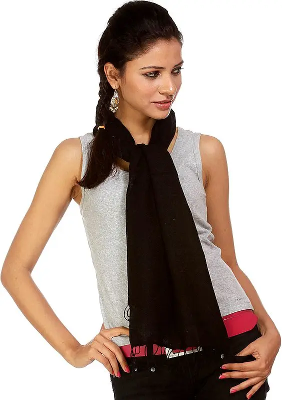 Plain Black Silk-Pashmina Scarf