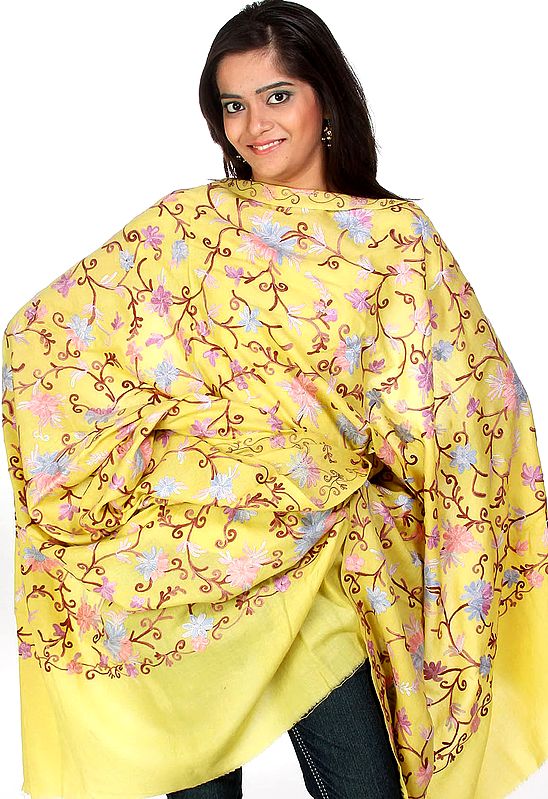 Yellow Aari Embroidered Shawl from Kashmir