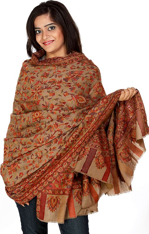 Khaki Kani Shawl with Stylized Flowers Woven in Multi-Color Thread