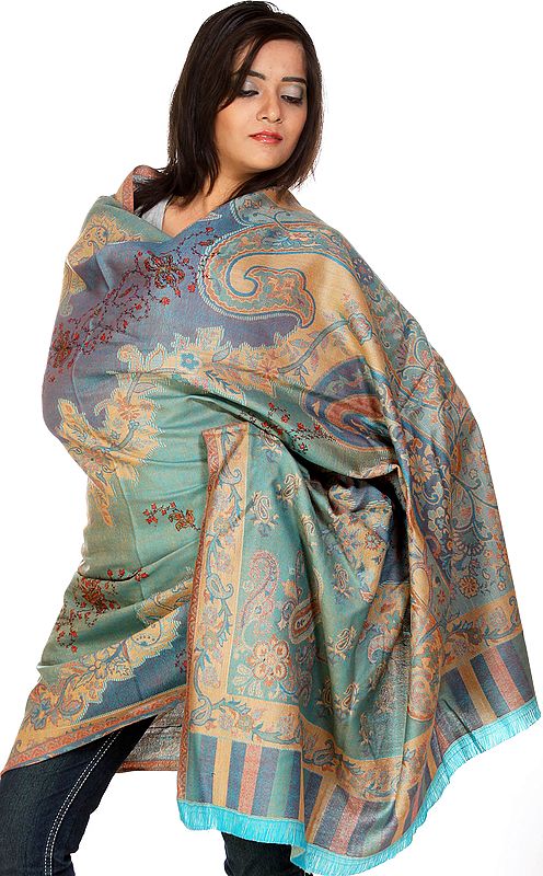 Multi-color Jamawar Shawl with Woven Paisley and Sozni Embroidery by Hand