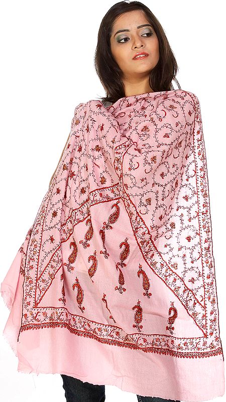 Powder-Pink Stole from Kashmir with Paisleys and Sozni Embroidered Jaal by Hand