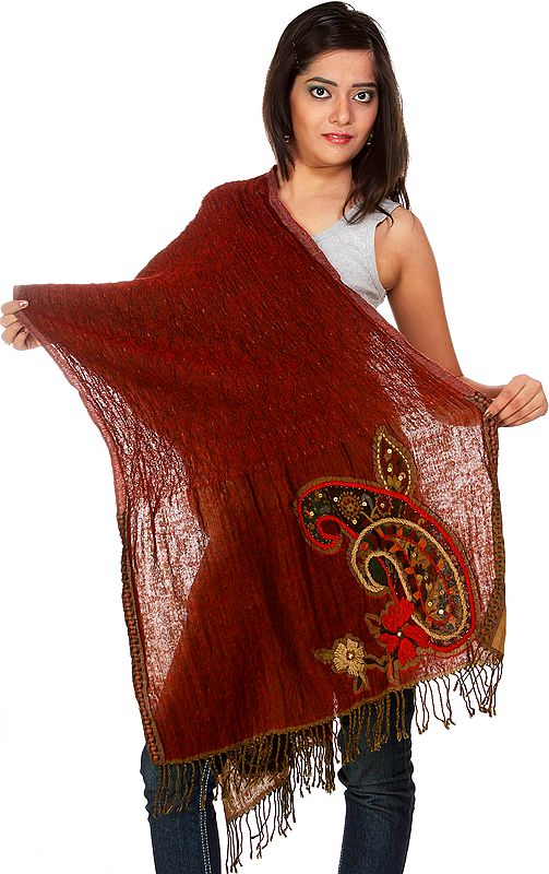 Maroon Stretchable Scarf with Hand Needle-Embroidered Paisleys, Beads and Sequins