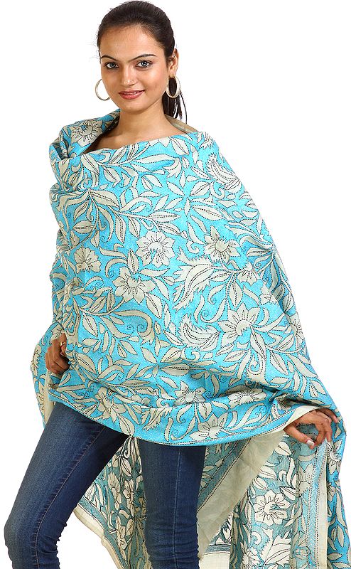 Beige and Blue Kantha Shawl from Kolkata Embroidered by Hand