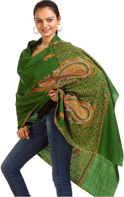 Juniper-Green Tusha Shawl with Tri-color Sozni Embroidered Paisleys