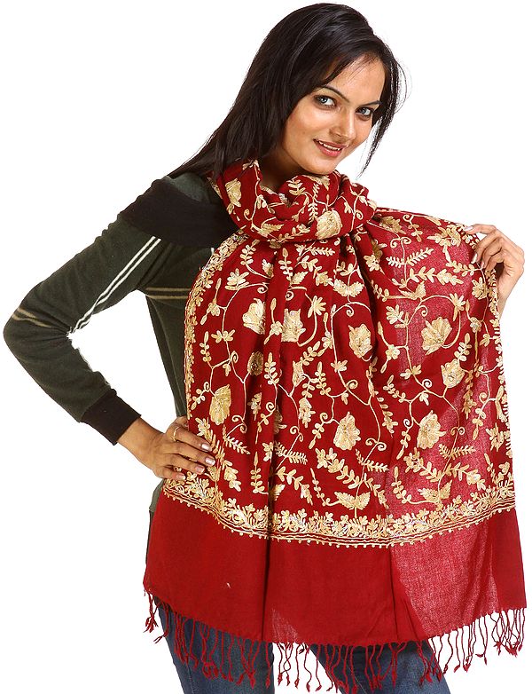 Maroon Stole with Aari Embroidered Beads and Sequins