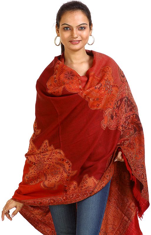 Red Jamawar Shawl with Woven Paisleys