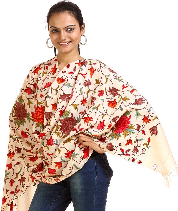 Peach Kashmiri Stole with Aari Embroidered Flowers by Hand