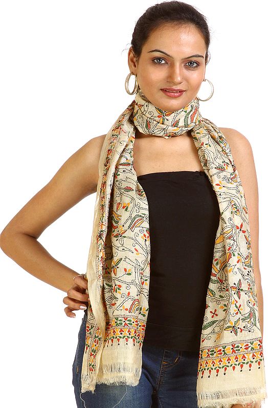 Beige Stole with Kantha Stitch Embroidered Flowers and Birds