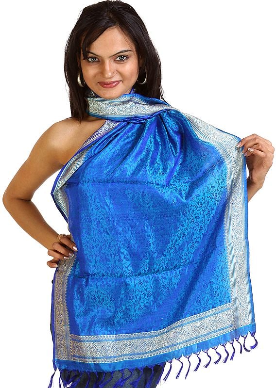 Dazzling-Blue Banarasi Stole with All-Over Tanchoi Weave and Paisley Border