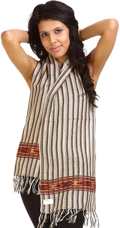 Brown Woven Kullu Scarf with Kinnauri Border