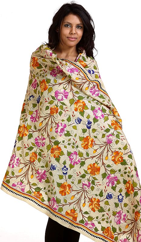 Beige Shawl with Kantha Embroidered Flowers All-Over