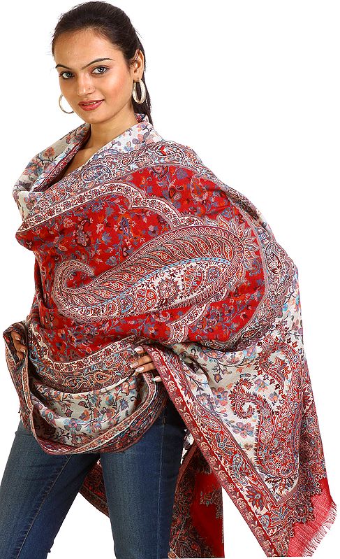 Red and White Kani Shawl with All-Over with Woven Paisleys and Flowers