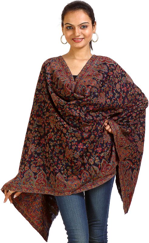 Midnight-Blue Kani Stole with Woven Paisleys in Multi-Color Threads