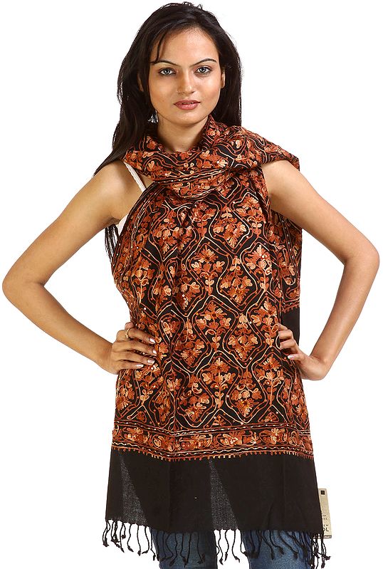 Black and Brown Stole with Aari Embroidered Flowers and Sequins
