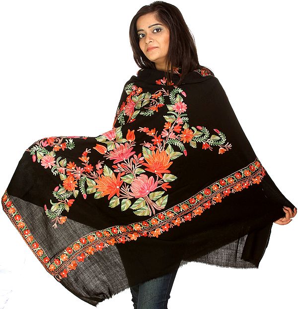 Black Kashmiri Shawl with Floral Aari Embroidery