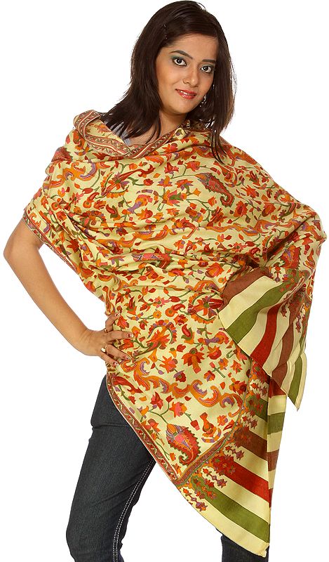 Dusky-Citron Kani Shawl with Woven Flowers and Kalamkari Embroidery