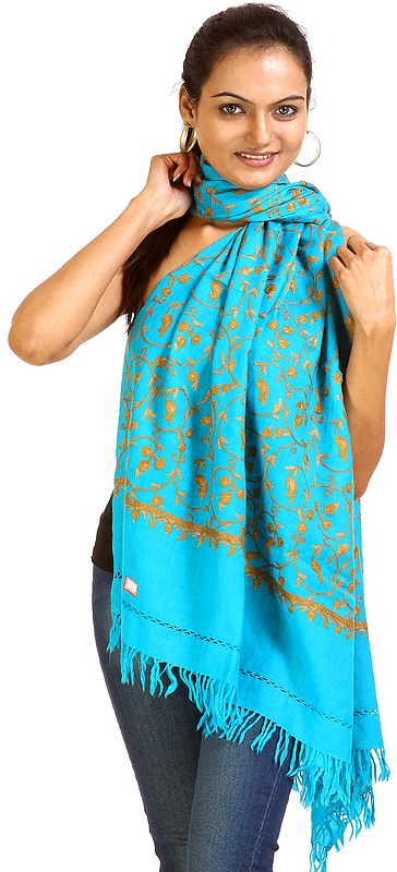 Turquoise Kashmiri Stole with Hand-Embroidered Paisleys