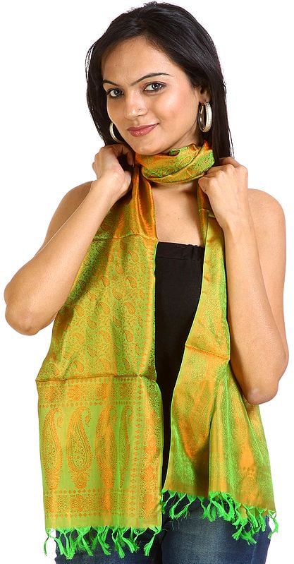 Vibrant-Green and Orange Tanchoi Stole from Banaras