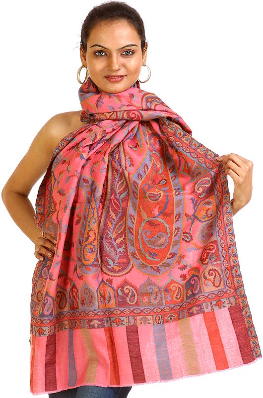 Hot-Pink Kani Stole with Woven Paisleys in Multi-Color Thread