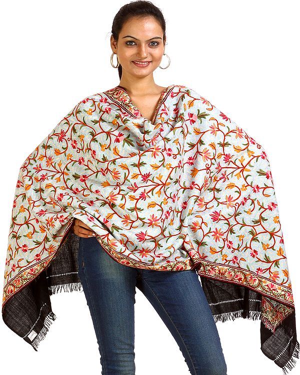 Black Densely Hand-Embroidered Aari Floral Stole from Kashmir