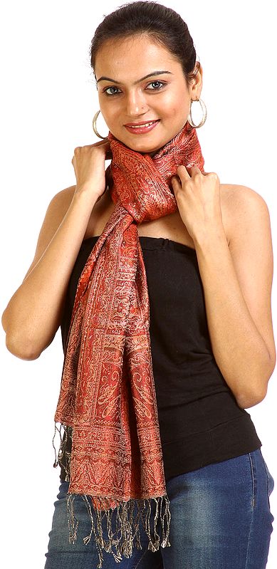 Ginger-Spice Red Jamawar Scarf with Woven Paisleys