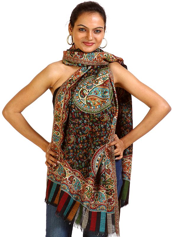 Black Floral Kani Stole with Woven Paisleys in Multi-Color Threads