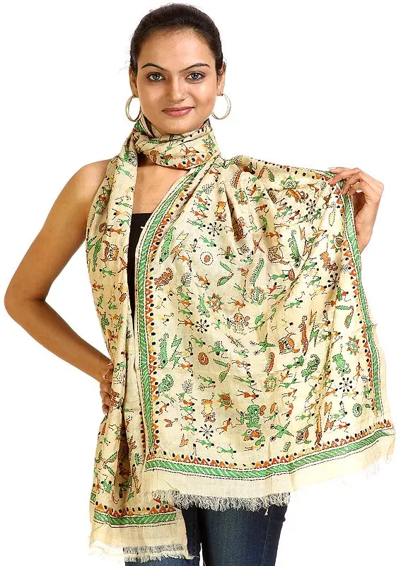 Beige Stole from Bangal with Kantha Embroidered Warli Motifs