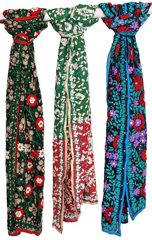 Lot of Three Phulkari Scarves from Punjab with Threadwork and Sequins