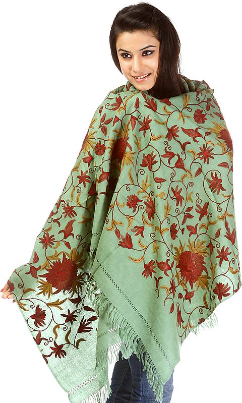 Wasabi-Green Kashmiri Stole with All-Over Aari Embroidery by Hand