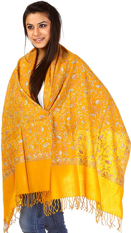 Mustard Stole with All-Over Aari Embroidered Paisleys