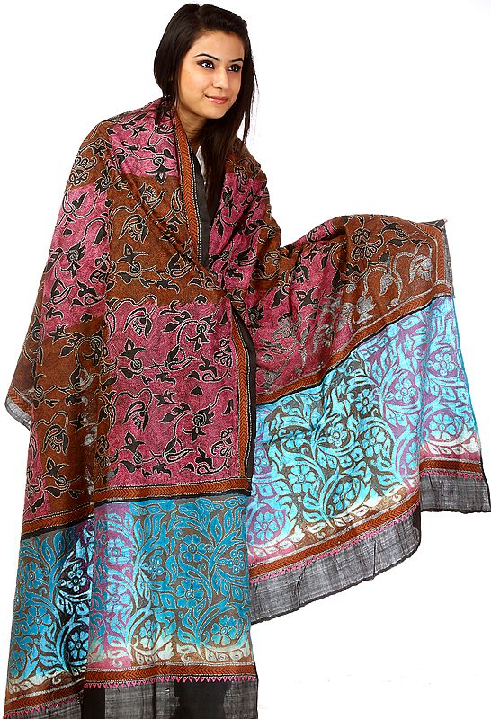 Tri-Color Shawl from Bengal with Kantha Embroidered Flowers by Hand