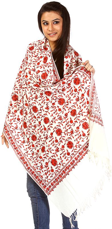 Ivory Phulkari Stole with All-Over Aari Embroidery and Crystals