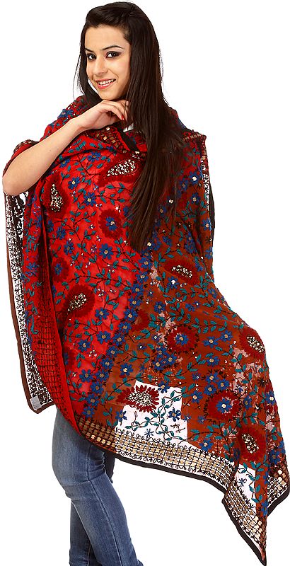 Ketchup-Red Phulkari Dupatta from Punjab with All-Over Embroidered Flowers and Sequins