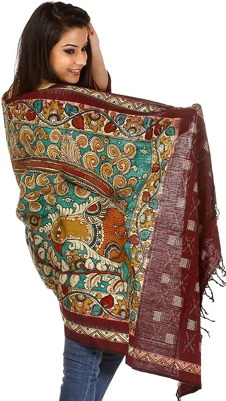 Kalamkari Hand-Painted Shawl with Stylized Peacock