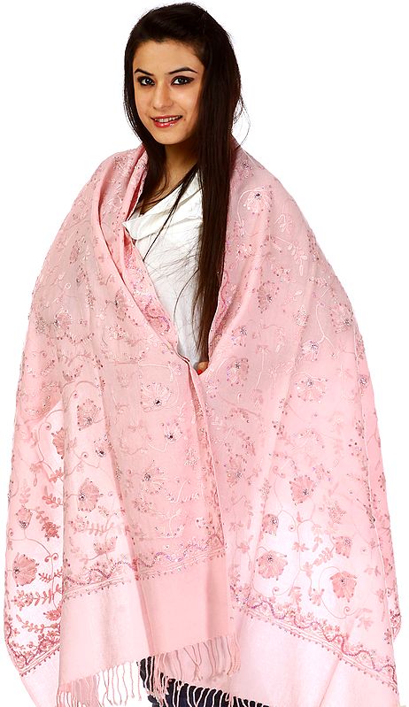 Powder-Pink Stole with All-Over Aari Embroidery and Sequins