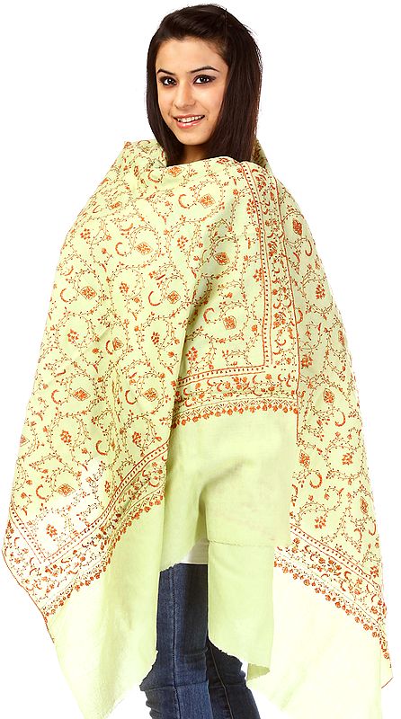 Pastel-Green Tusha Stole with All-Over Needle Stitch Embroidery by Hand