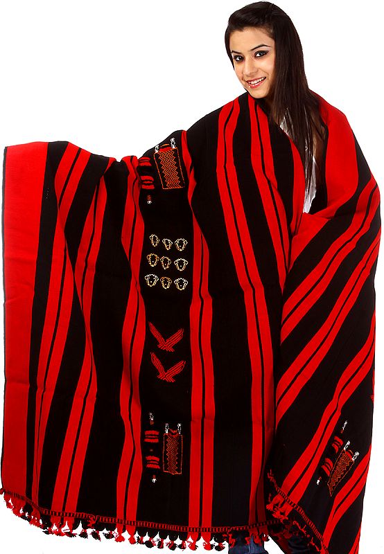 Black and Red Hand-Woven Shawl from Nagaland